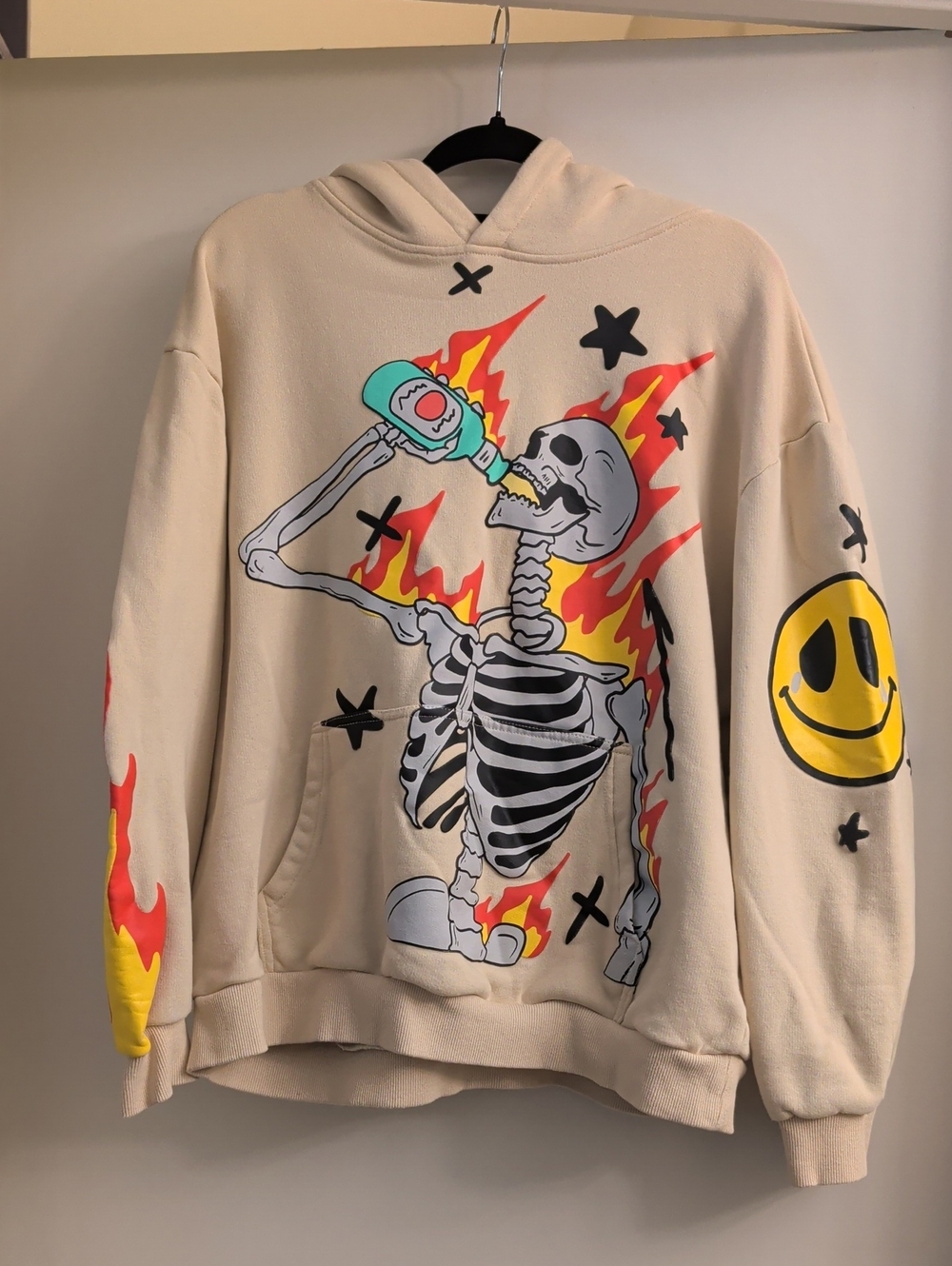 Beige Graphic Skeleton Flame Hoodie with Yellow Smiley